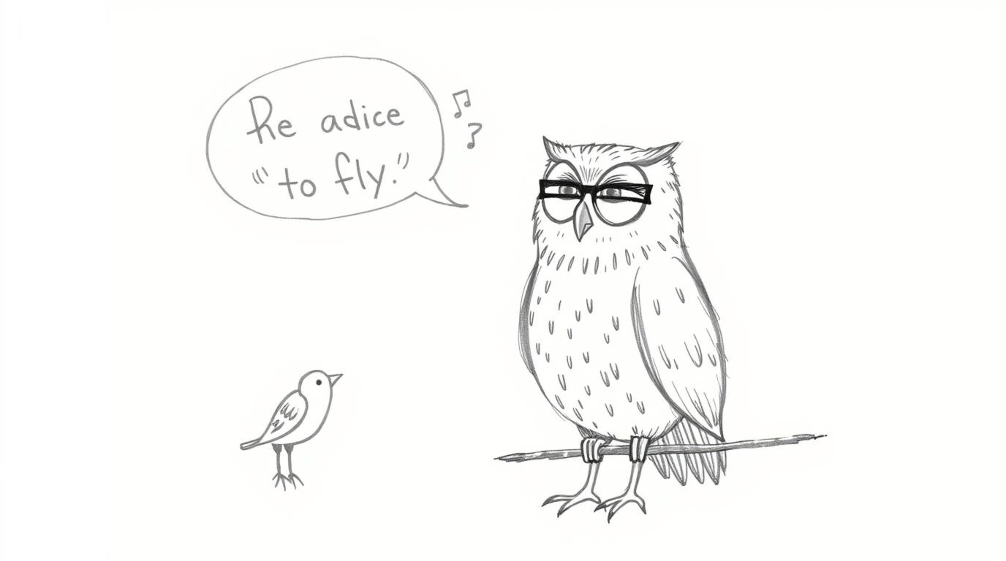 A heartwarming, hand-drawn sketch in the style of Pixar showcases a blind owl with textured pencil strokes, passionately teac