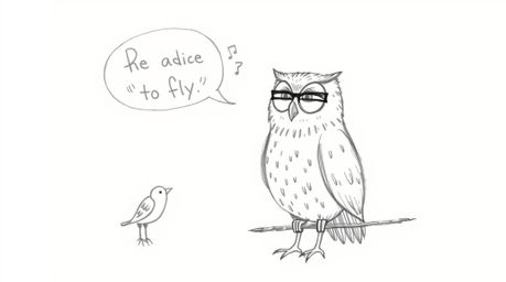 A heartwarming, hand-drawn sketch in the style of Pixar showcases a blind owl with textured pencil strokes, passionately teac