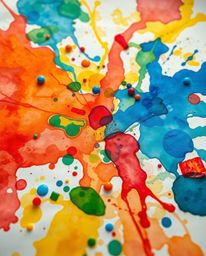 A captivating high-angle photograph showcases a dynamic composition of colorful watercolor splashes blending seamlessly on pa