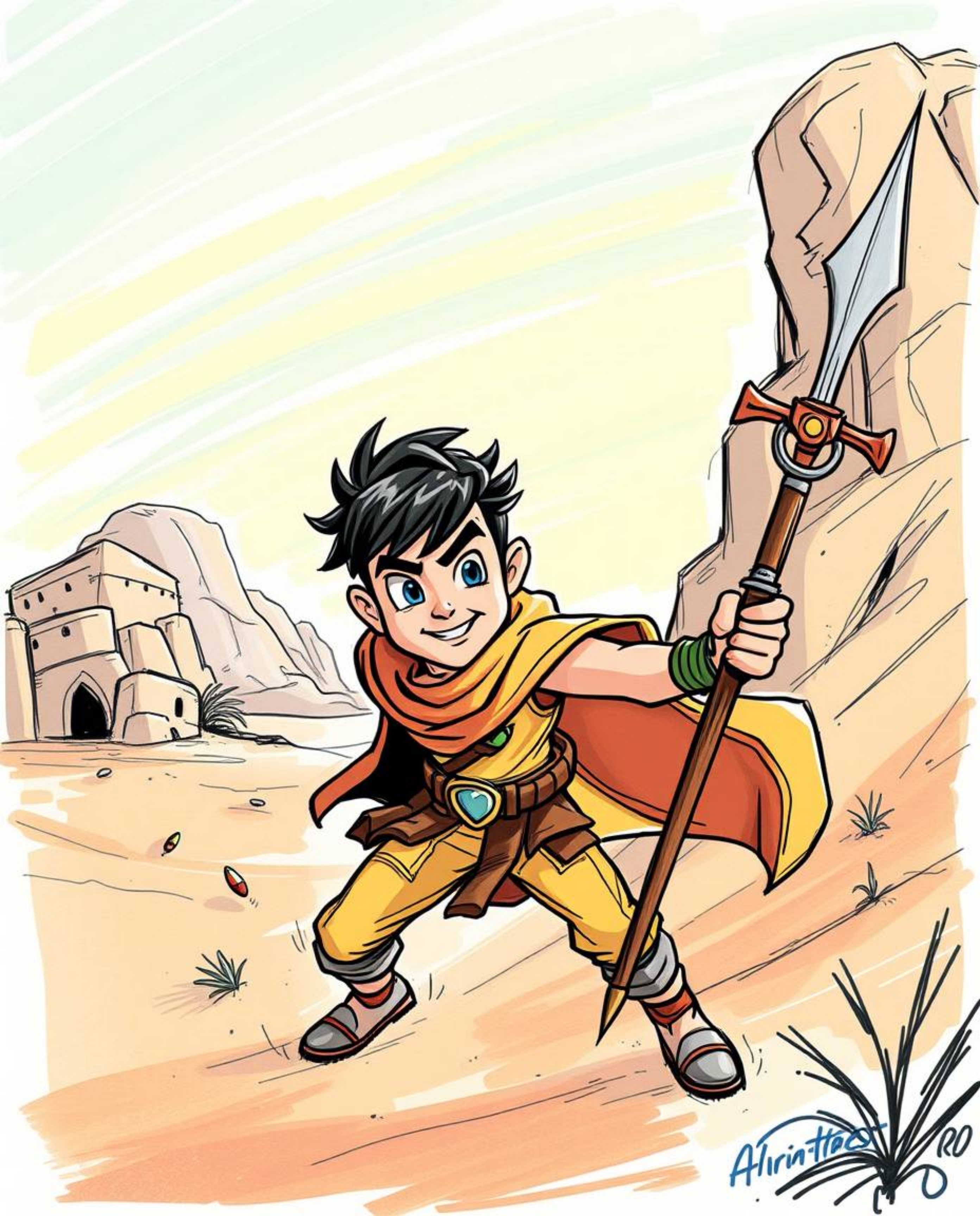 A brave hero embarks on a vibrant desert adventure in this colorful hand-drawn sketch. The Disney-esque illustration feature