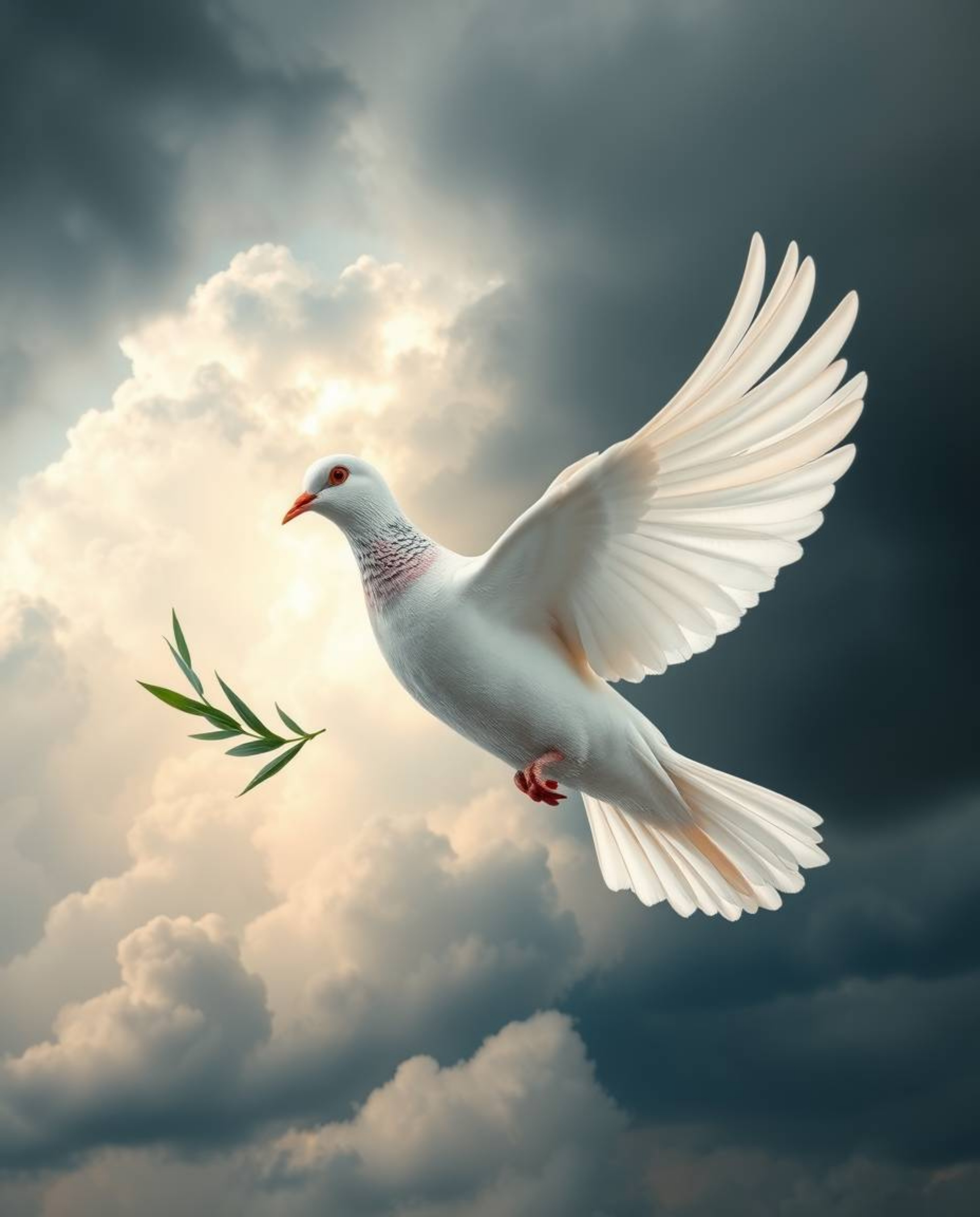 A stunning depiction of a dove carrying an olive branch amidst turbulent, stormy skies, rendered with vibrant complementary c