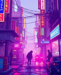 A captivating pixelated glitch art image transports you to a vibrant Isekai-inspired cyberpunk street, awash in neon haze.  T