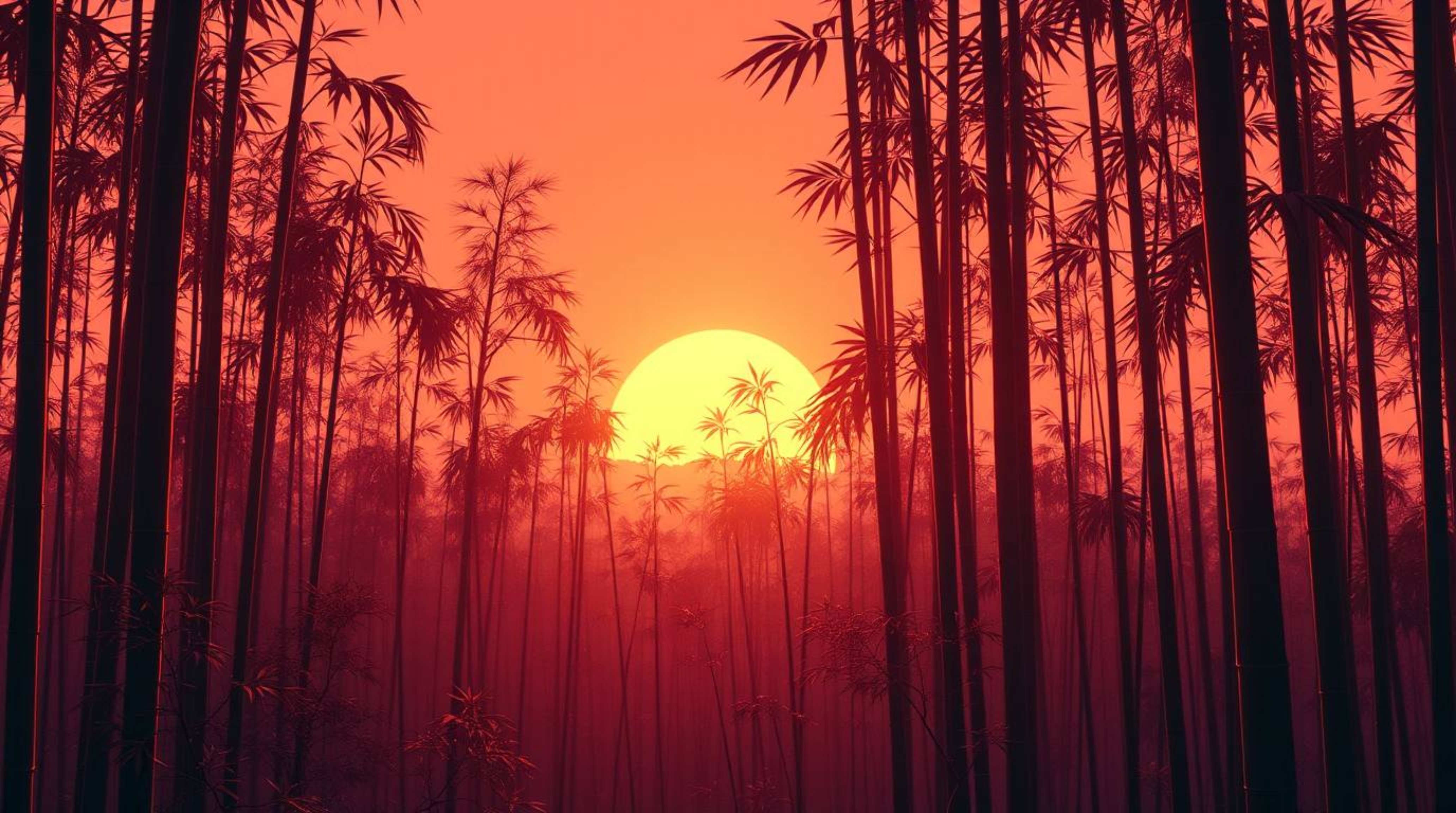Explore a breathtaking futuristic sci-fi image featuring a bamboo forest bathed in the warm glow of a sunset. The scene is re