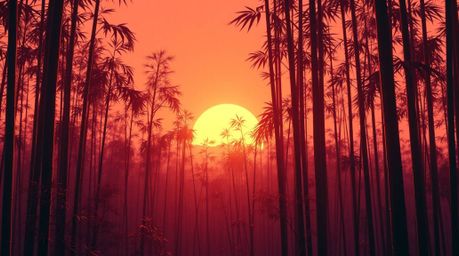 Explore a breathtaking futuristic sci-fi image featuring a bamboo forest bathed in the warm glow of a sunset. The scene is re