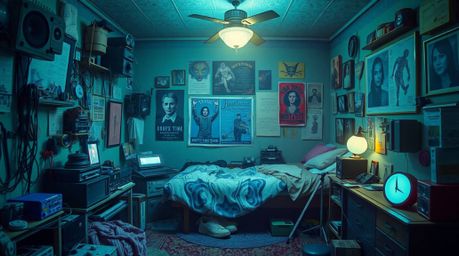 Discover a captivating image of a messy bedroom, rendered in cool ethereal blues, greens, and purples.  Strange gadgets and p