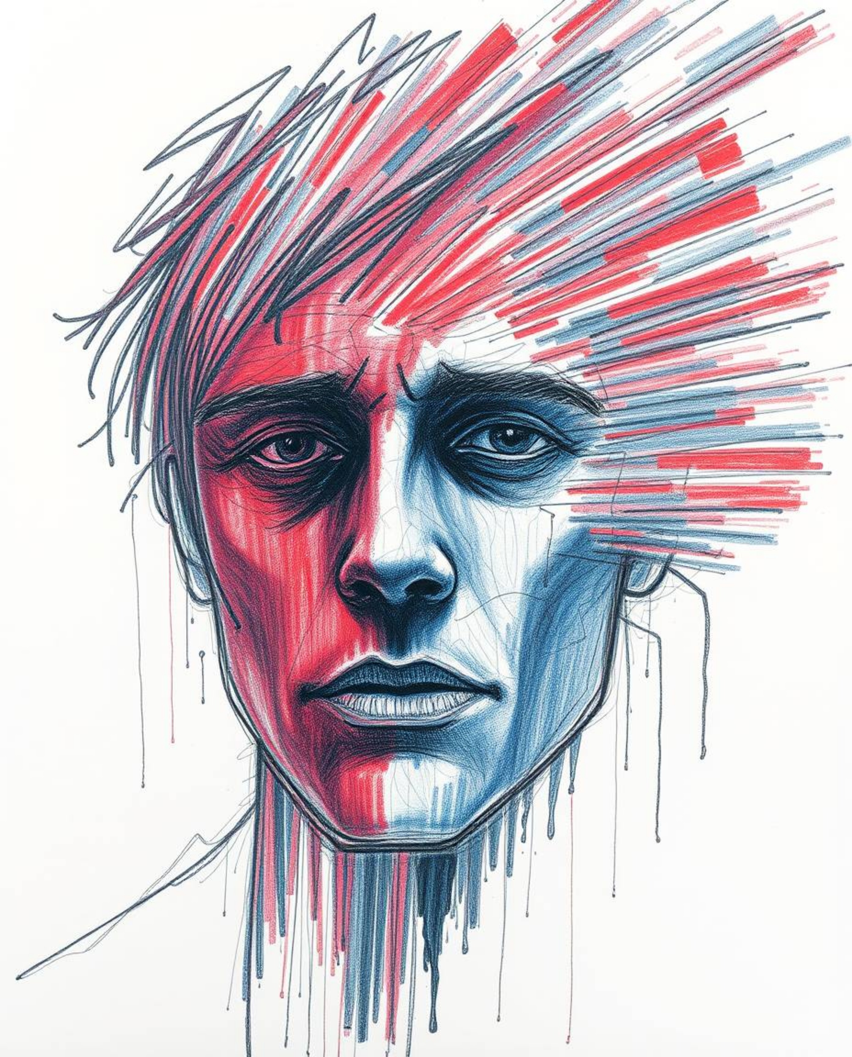 A hand-drawn sketch capturing the intense drama of a digital glitch transforming a human face into a data stream against a ba