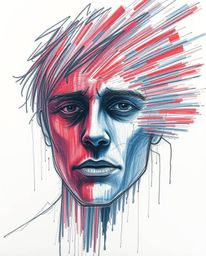 A hand-drawn sketch capturing the intense drama of a digital glitch transforming a human face into a data stream against a ba
