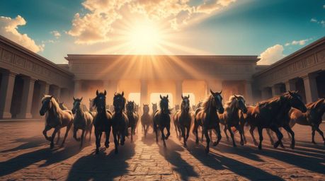 This architectural color photograph captures the raw power and beauty of a herd of wild horses running under a glowing sky. V