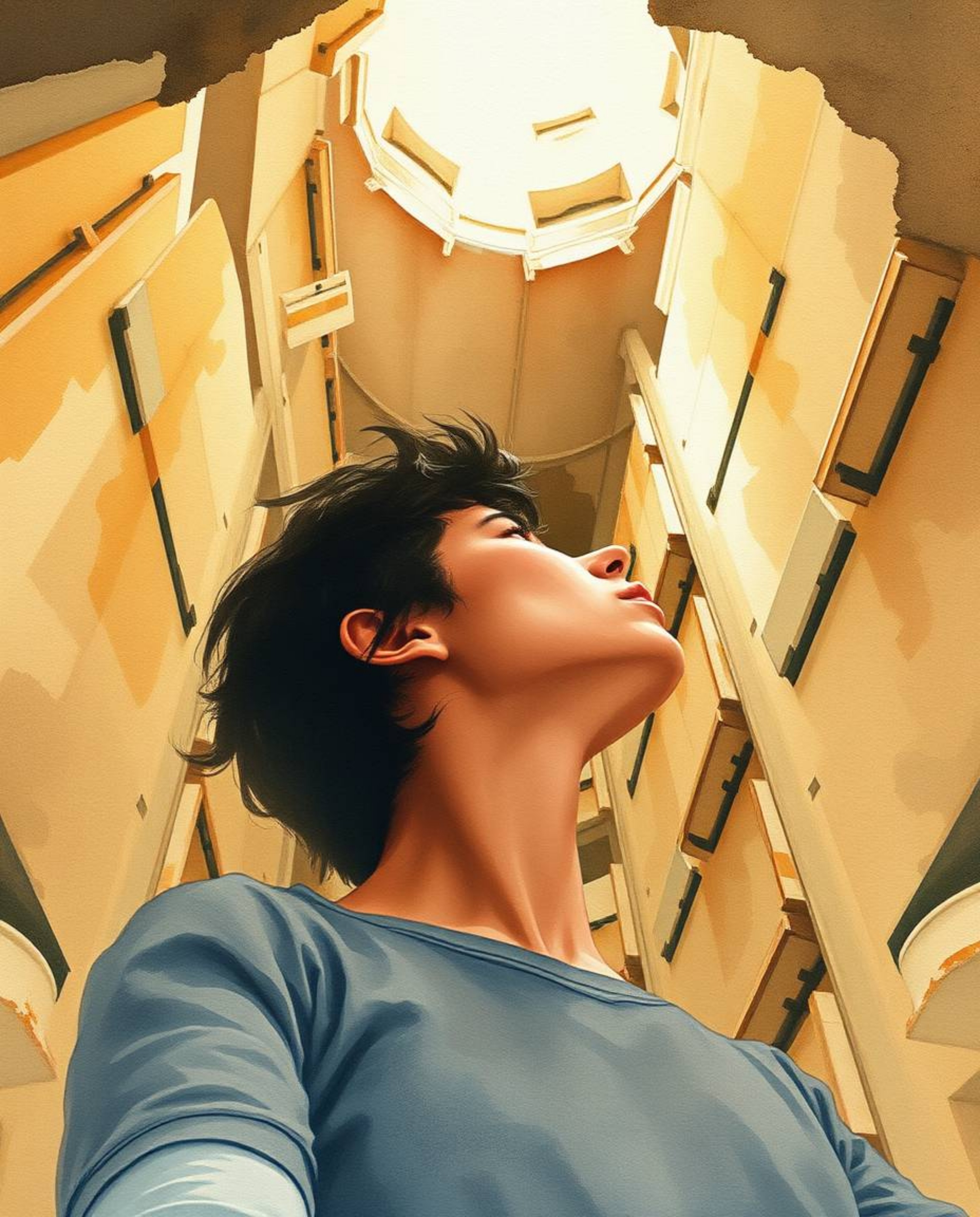 A delicate watercolor painting captures the moment a person, their face partially hidden, discovers a hidden underground libr