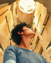 A delicate watercolor painting captures the moment a person, their face partially hidden, discovers a hidden underground libr