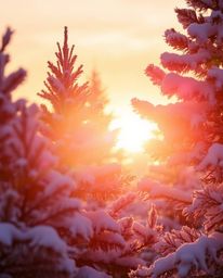 Bright, vibrant colors and a gentle, soft light illuminate the scene of sunset light sparkling on snowy pine trees. The use o