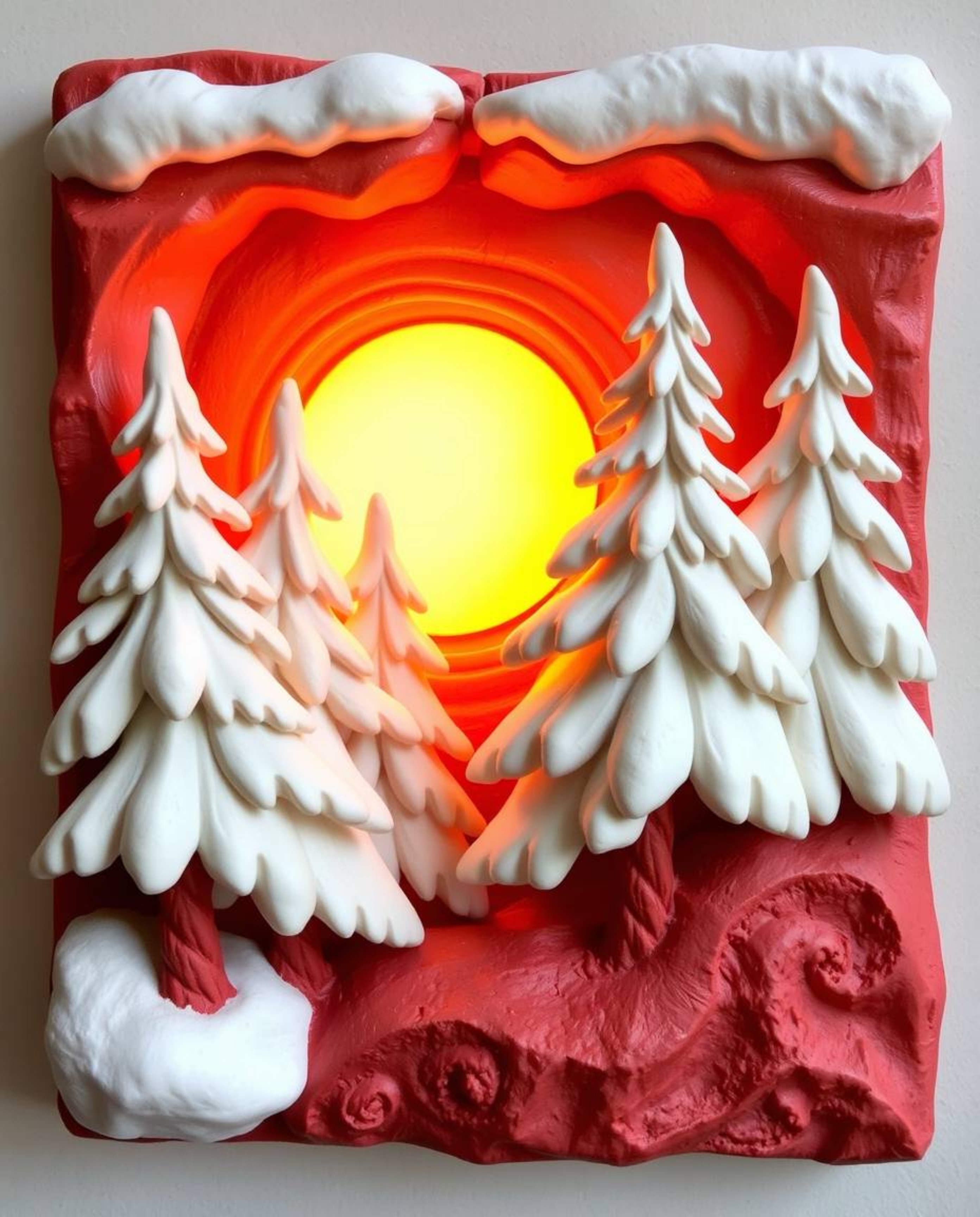 Sculptural clay art depicting warm sunset light on snowy pine trees, using a palette of reds, oranges, and yellows. The artwo