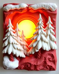 Sculptural clay art depicting warm sunset light on snowy pine trees, using a palette of reds, oranges, and yellows. The artwo