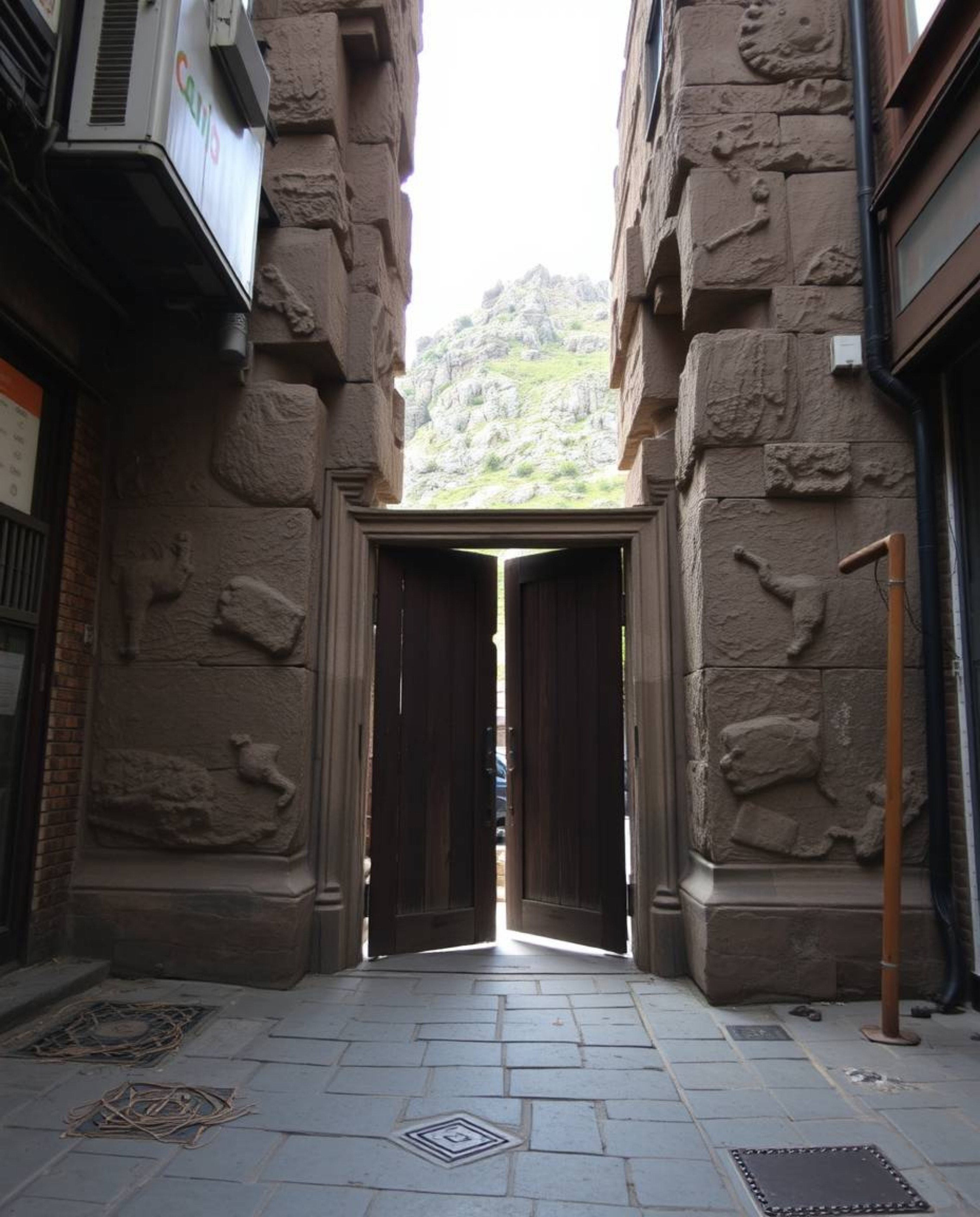 Explore captivating scenes featuring an ancient doorway etched with glowing runes on a majestic mountain, contrasted with raw