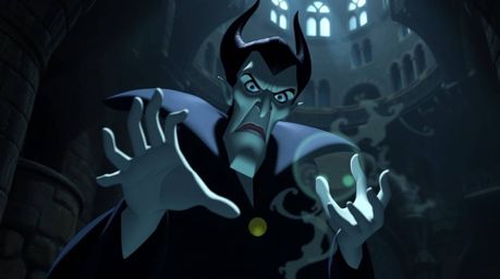 A classic Disney villain with sharp features and pale skin is depicted casting a powerful spell within the ancient walls of a