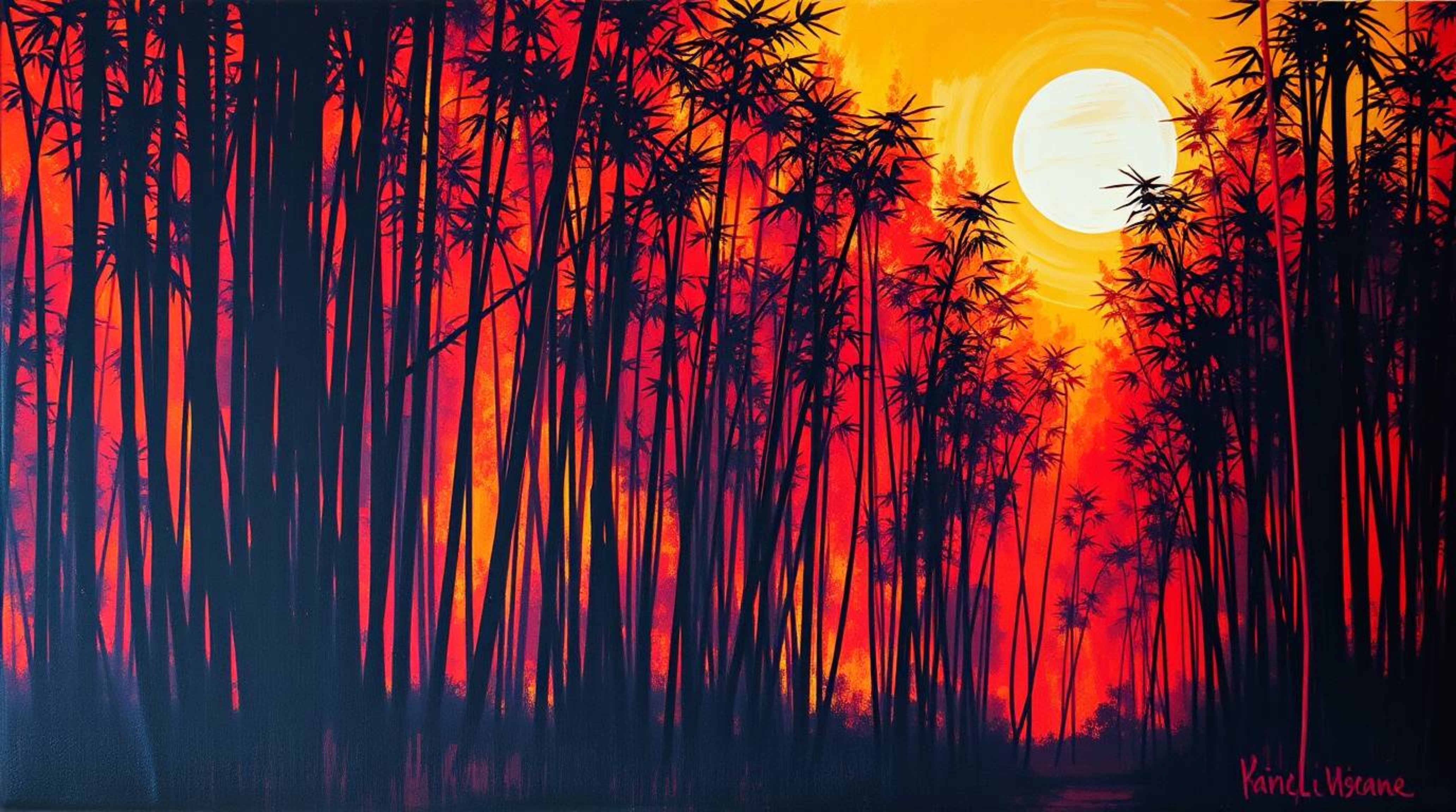 A bold acrylic painting captures a bamboo forest bathed in the warm glow of a sunset, creating an eerie and slightly creepy a