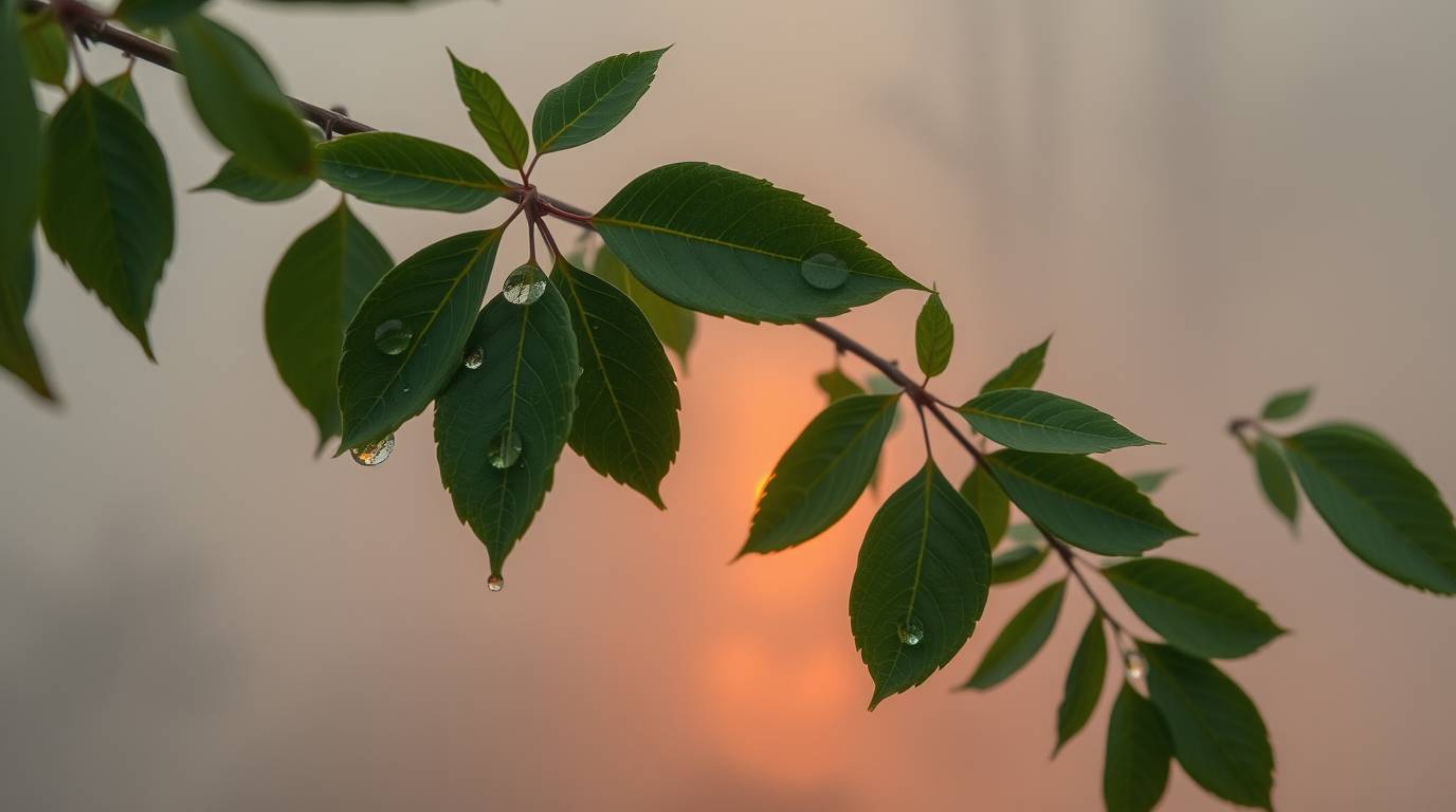 A captivating overhead shot showcasing a sunset reflecting in raindrops on leaves.  Soft pastel colors and volumetric lightin