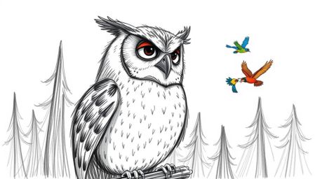 A captivating hand-drawn pencil sketch in the style of Pixar depicts a large, feathered blind owl with a serene expression.  