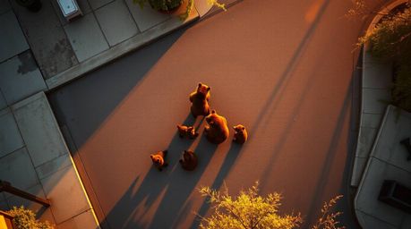 Capture the heartwarming scene of a bear family embarking on an urban adventure, bathed in the warm, soft light of the golden