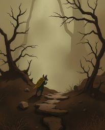 Explore a journey filled with an eerie and creepy atmosphere painted in natural earth tones, featuring a hero accompanied by