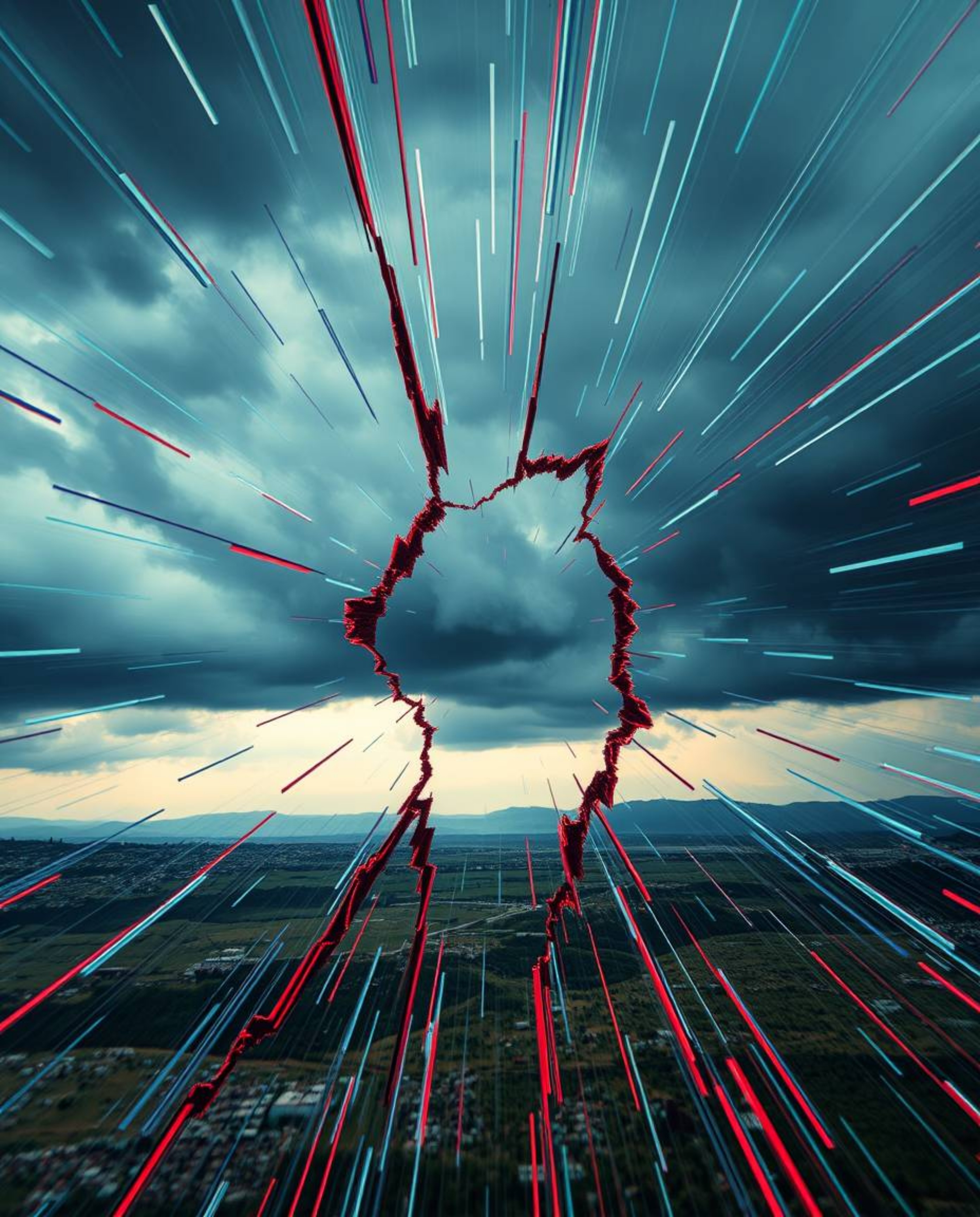 Experience the raw energy of a digital glitch landscape shattering apart with sharp, fractured lines and dramatic stormy skie
