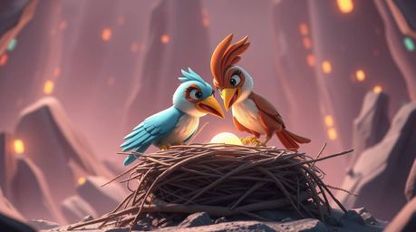 A modern, futuristic, and grand epic scene depicts two cartoon birds diligently building a nest in a classic animation style.