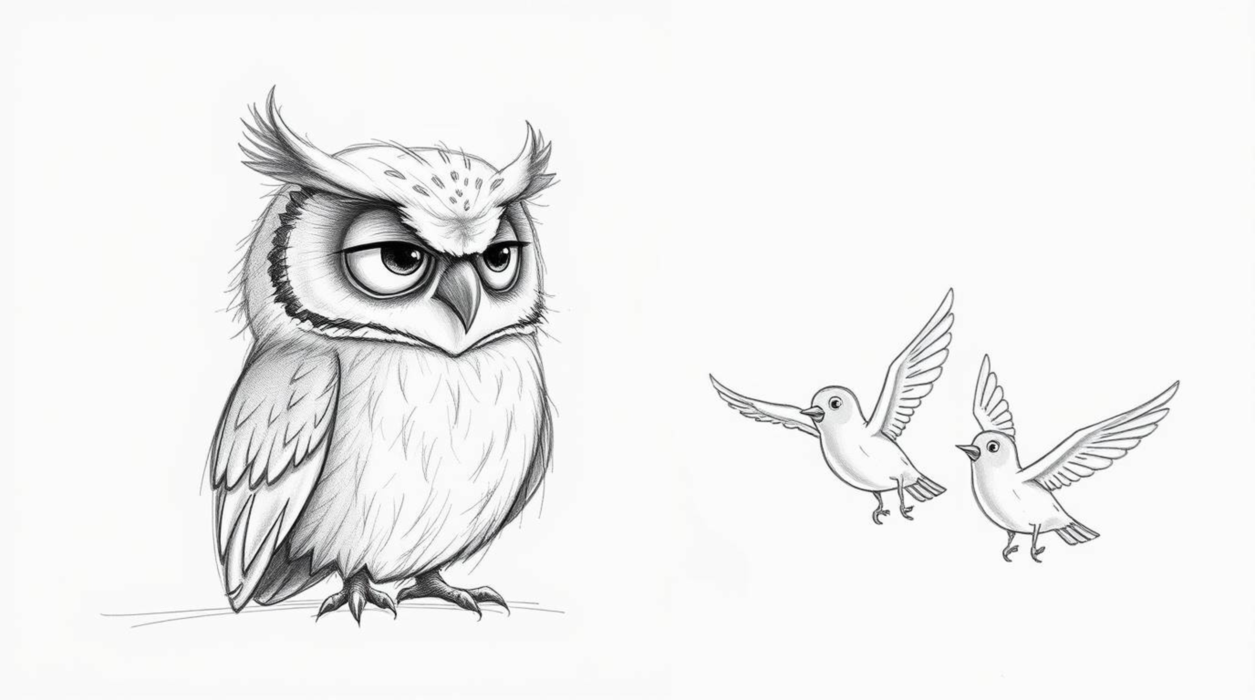 This artwork features a charming Pixar-style pencil sketch depicting a blind owl wisely listening to birds as they learn to f