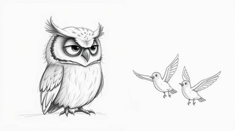 This artwork features a charming Pixar-style pencil sketch depicting a blind owl wisely listening to birds as they learn to f
