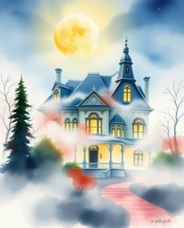 This delicate watercolor painting captures the ethereal beauty of a fog-covered Victorian mansion bathed in moonlight. The ar