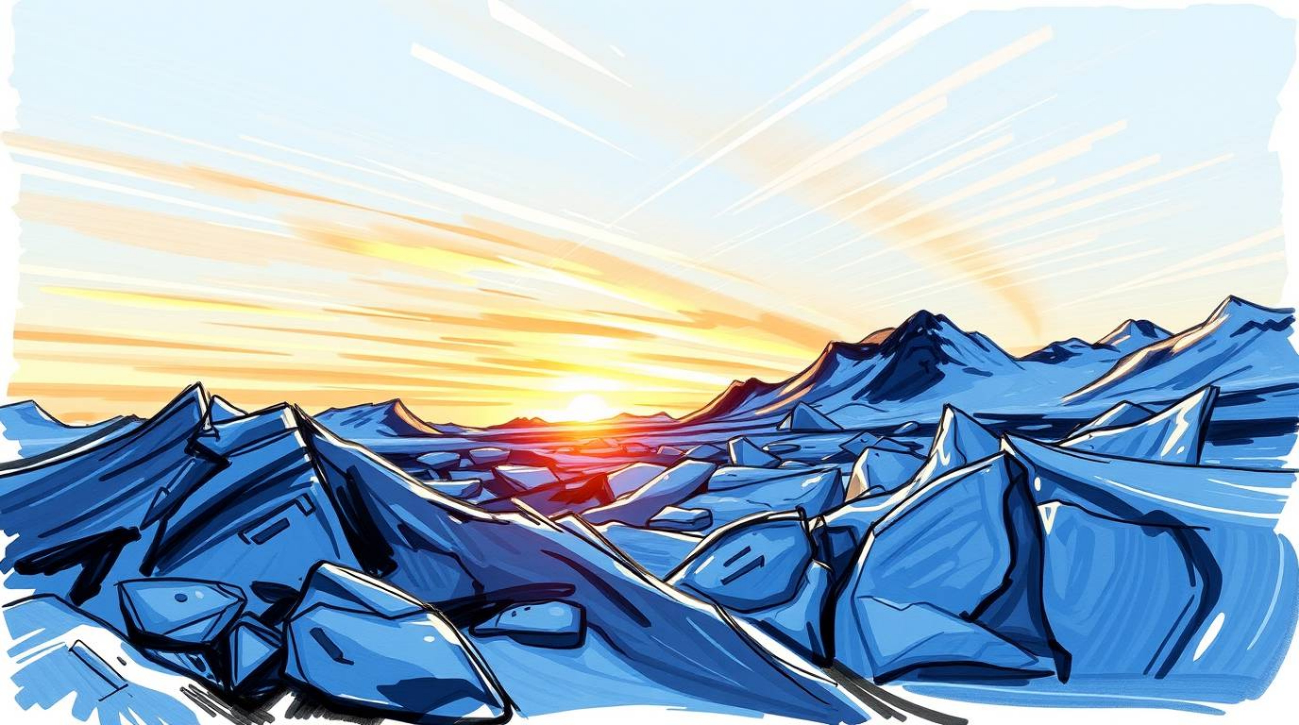 A captivating hand-drawn sketchnote depicts a vibrant sunset over icy polar glaciers.  The artwork showcases dynamic motion, 