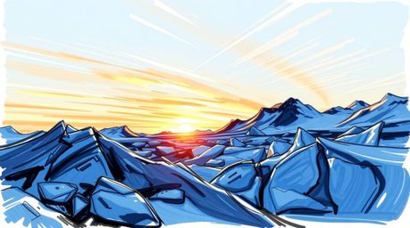 A captivating hand-drawn sketchnote depicts a vibrant sunset over icy polar glaciers.  The artwork showcases dynamic motion, 