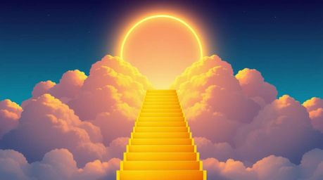 A golden staircase climbs through clouds towards a radiant heaven, depicted in a modern flat design style with bright, vibran