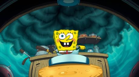 Witness a captivating bird's-eye view of a sponge character engrossed in culinary activities within an underwater kitchen, al