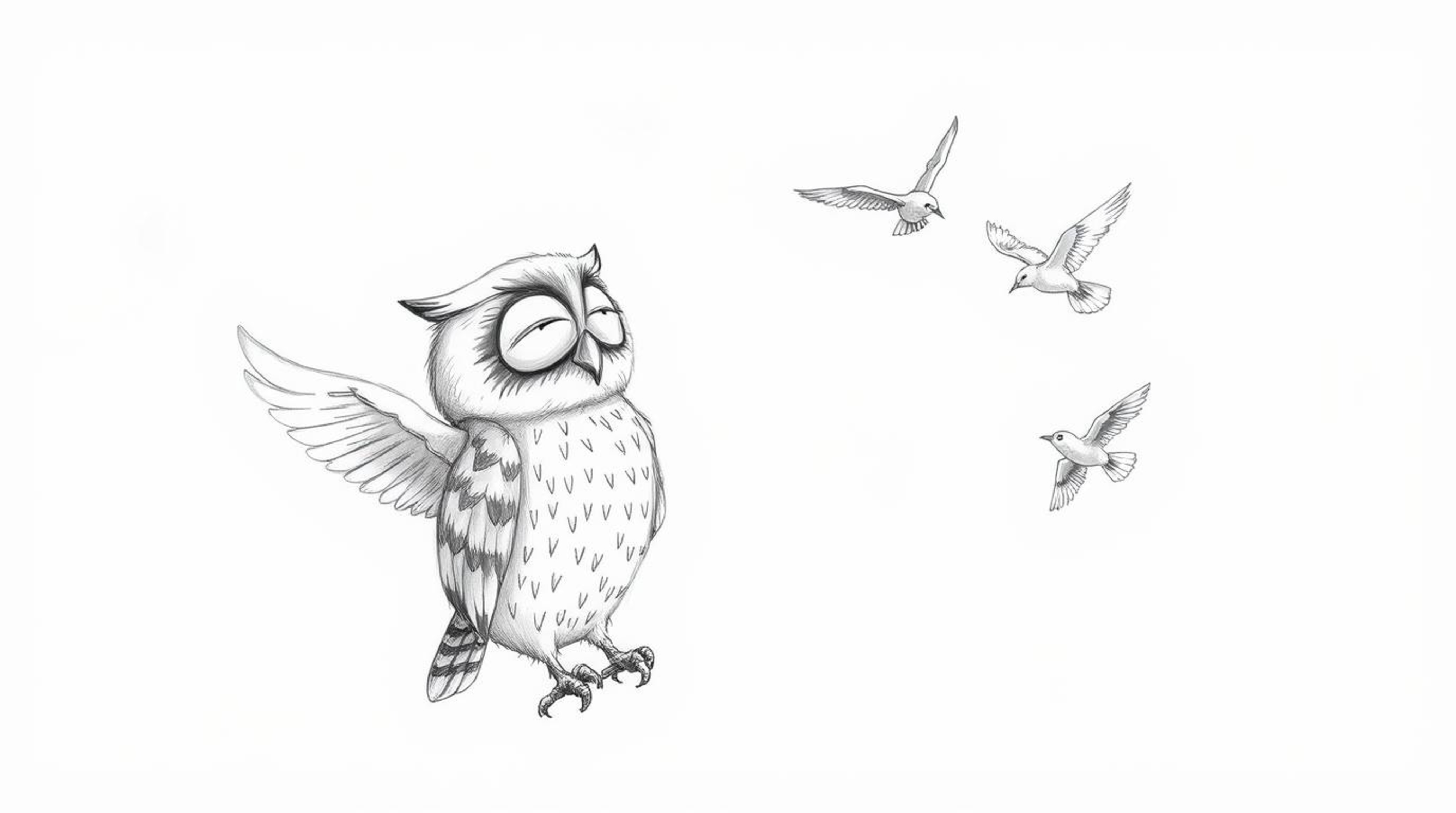 A heartwarming hand-drawn sketch depicts a blind, wise-looking owl in a Pixar-inspired style, teaching a flock of birds how t