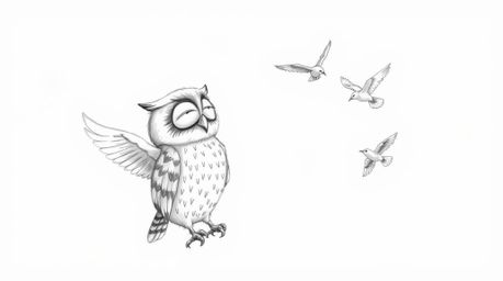 A heartwarming hand-drawn sketch depicts a blind, wise-looking owl in a Pixar-inspired style, teaching a flock of birds how t