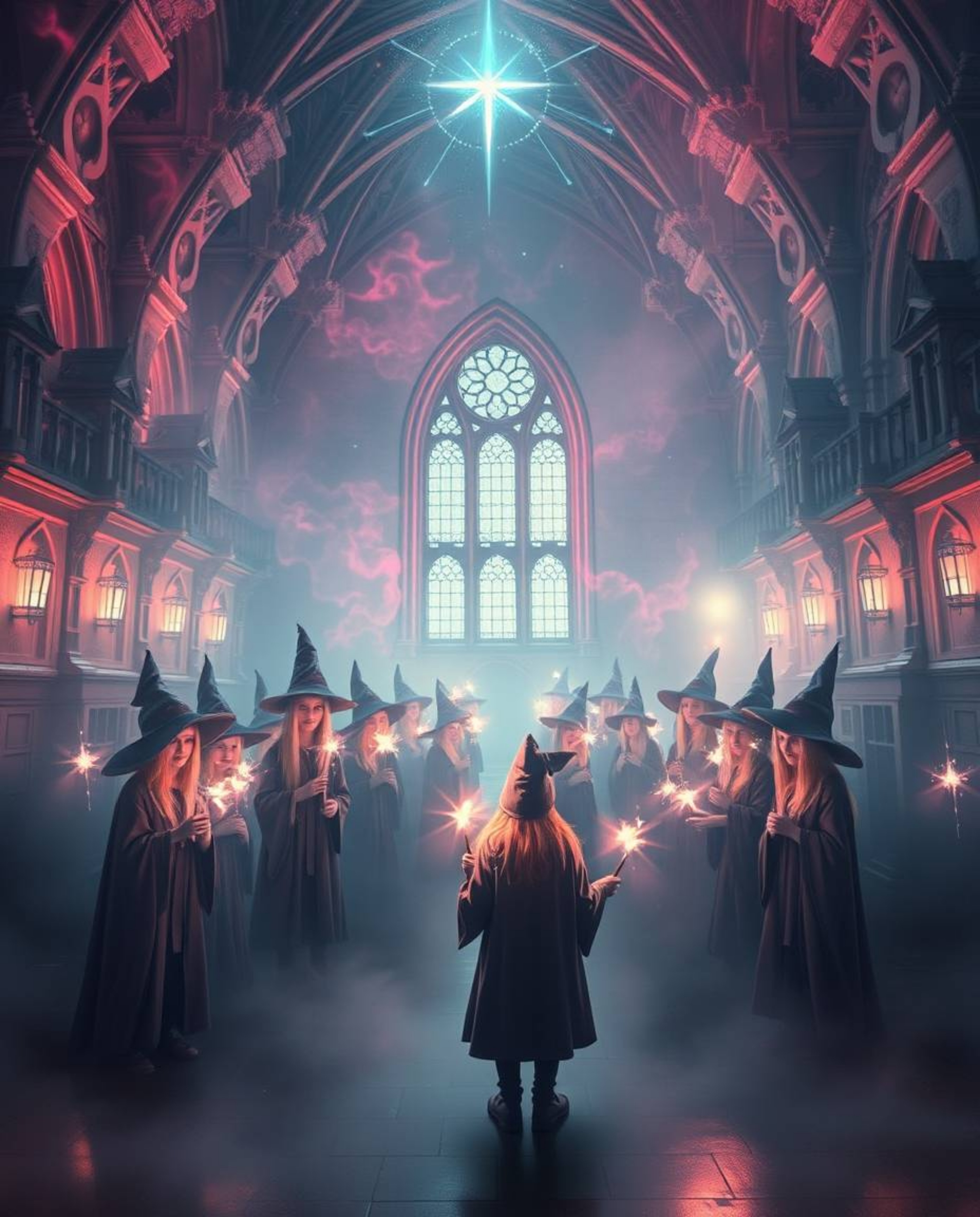 Experience a magical school teeming with young wizards, enveloped in an ethereal spiritual vibe and surreal infrared tones. T
