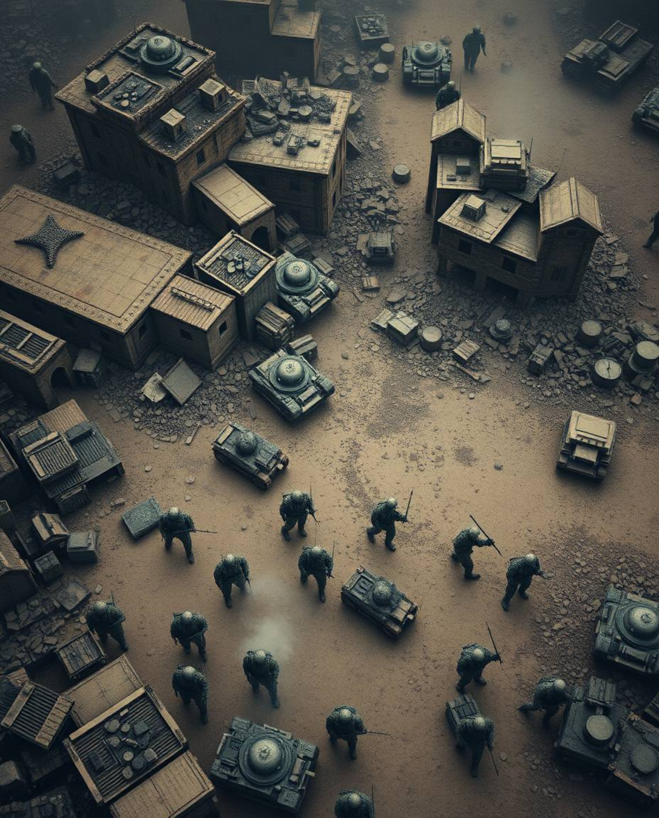 Immerse yourself in a chaotic battlefield rendered in a bird's eye view, showcasing time-warped soldiers amidst crumbling bui