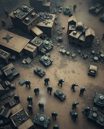 Immerse yourself in a chaotic battlefield rendered in a bird's eye view, showcasing time-warped soldiers amidst crumbling bui