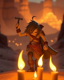 Embark on a thrilling desert adventure with a brave Disney-style hero, illuminated by the warm, flickering glow of candleligh
