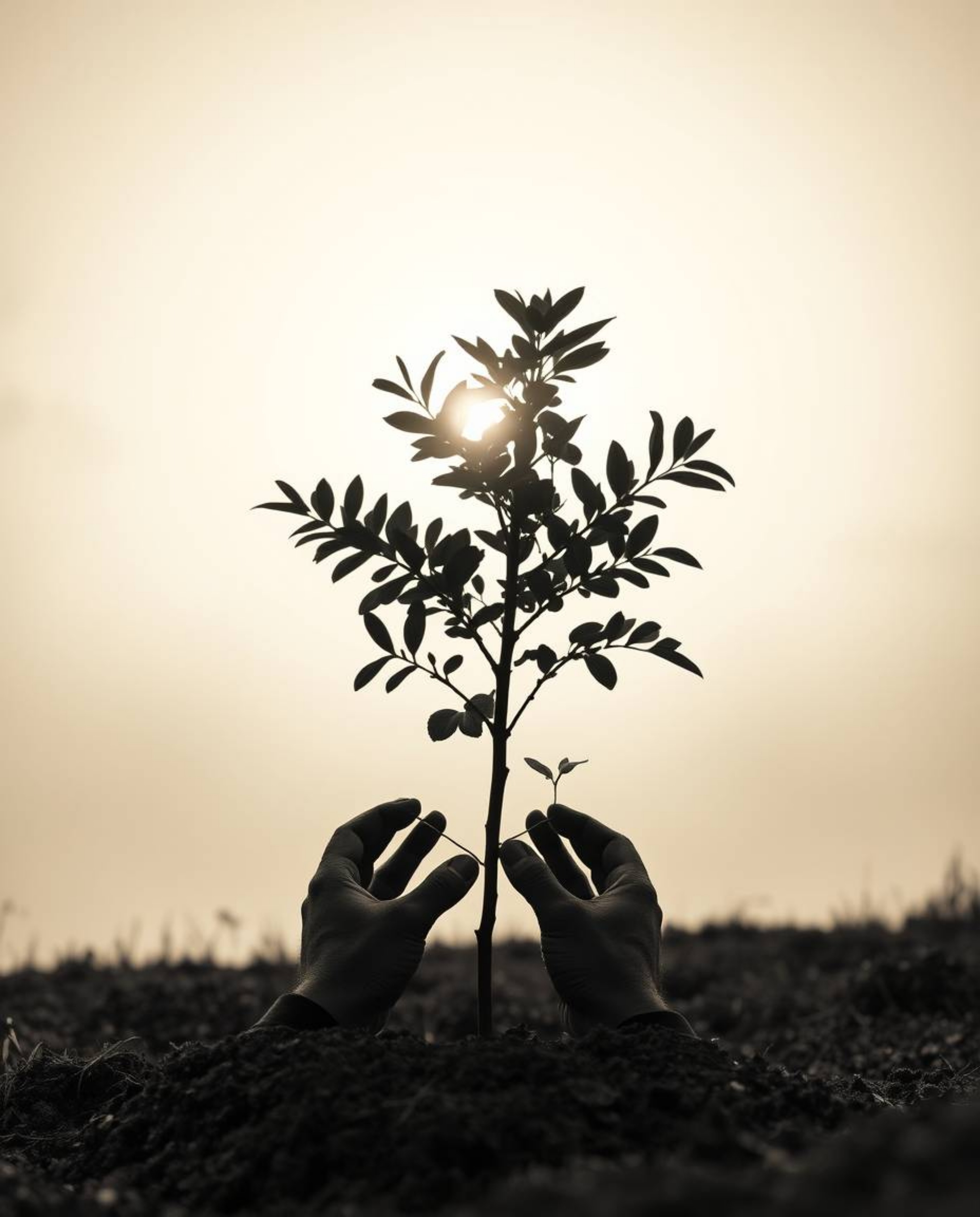 A timeless, high-resolution black and white stock photo depicting hands planting a tree under a breathtaking golden sky. This