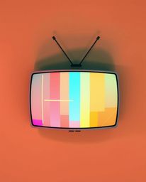 A modern flat design overhead shot showcasing a TV screen displaying RGB-separated glitch static. The image utilizes warm ter