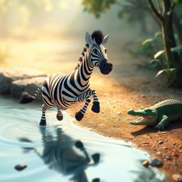 A dreamlike and surreal scene unfolds as a 3D cartoon zebra desperately flees a menacing crocodile near a tranquil riverbank.
