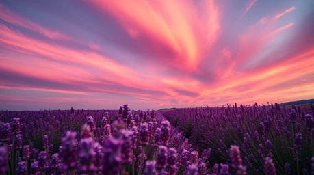 A captivating fine art photograph showcases lavender fields bathed in the ethereal glow of a dreamy pink sky.  The image feat