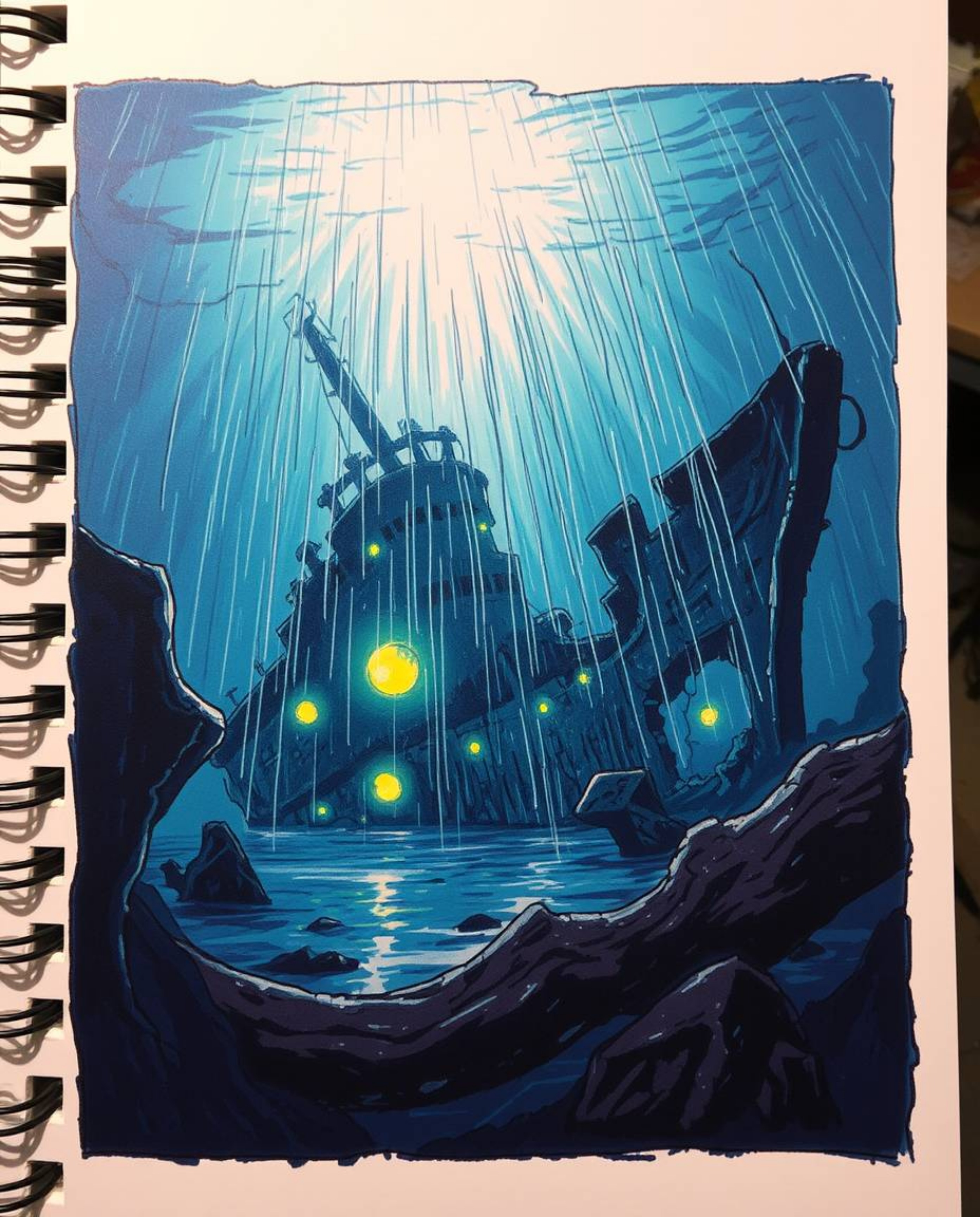 Explore a dramatic cinematic shipwreck depicted in a hand-drawn color sketchnote style. This artwork features a shipwreck ill