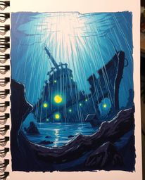 Explore a dramatic cinematic shipwreck depicted in a hand-drawn color sketchnote style. This artwork features a shipwreck ill