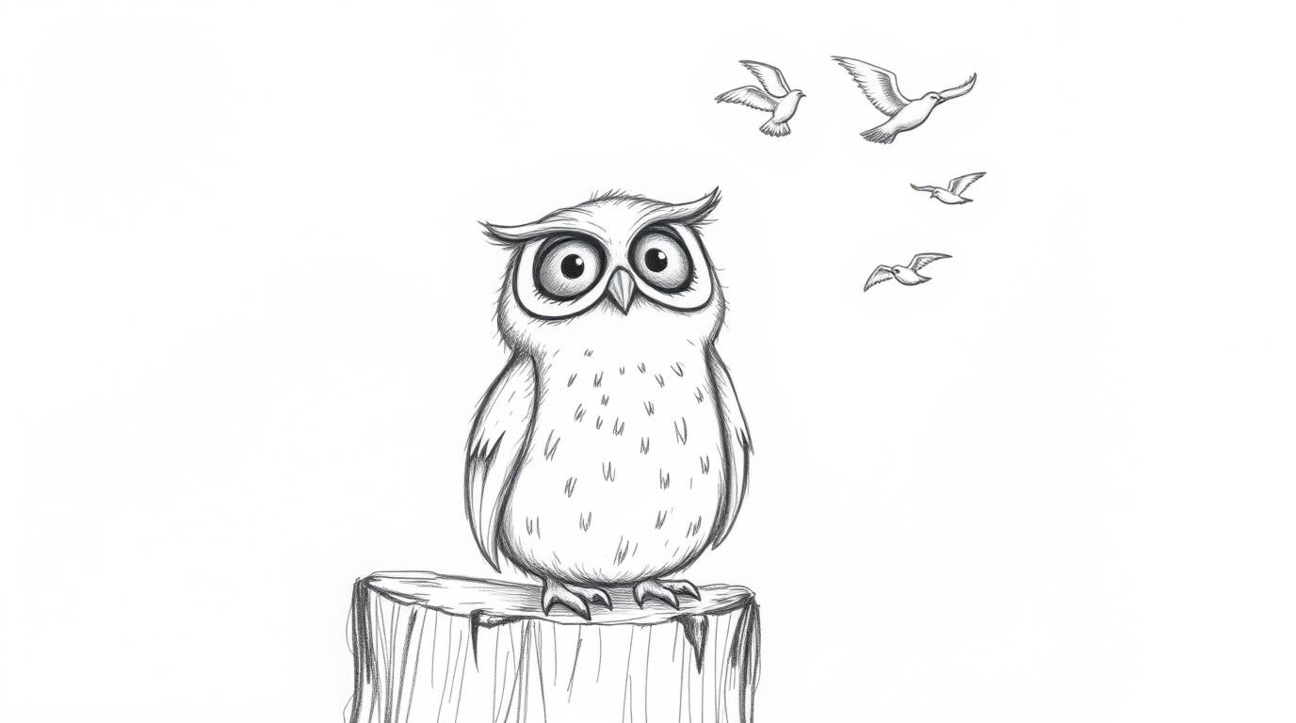 This captivating image depicts a blind owl in a textured, hand-drawn pencil style, reminiscent of Pixar animation. The owl, w