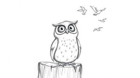 This captivating image depicts a blind owl in a textured, hand-drawn pencil style, reminiscent of Pixar animation. The owl, w