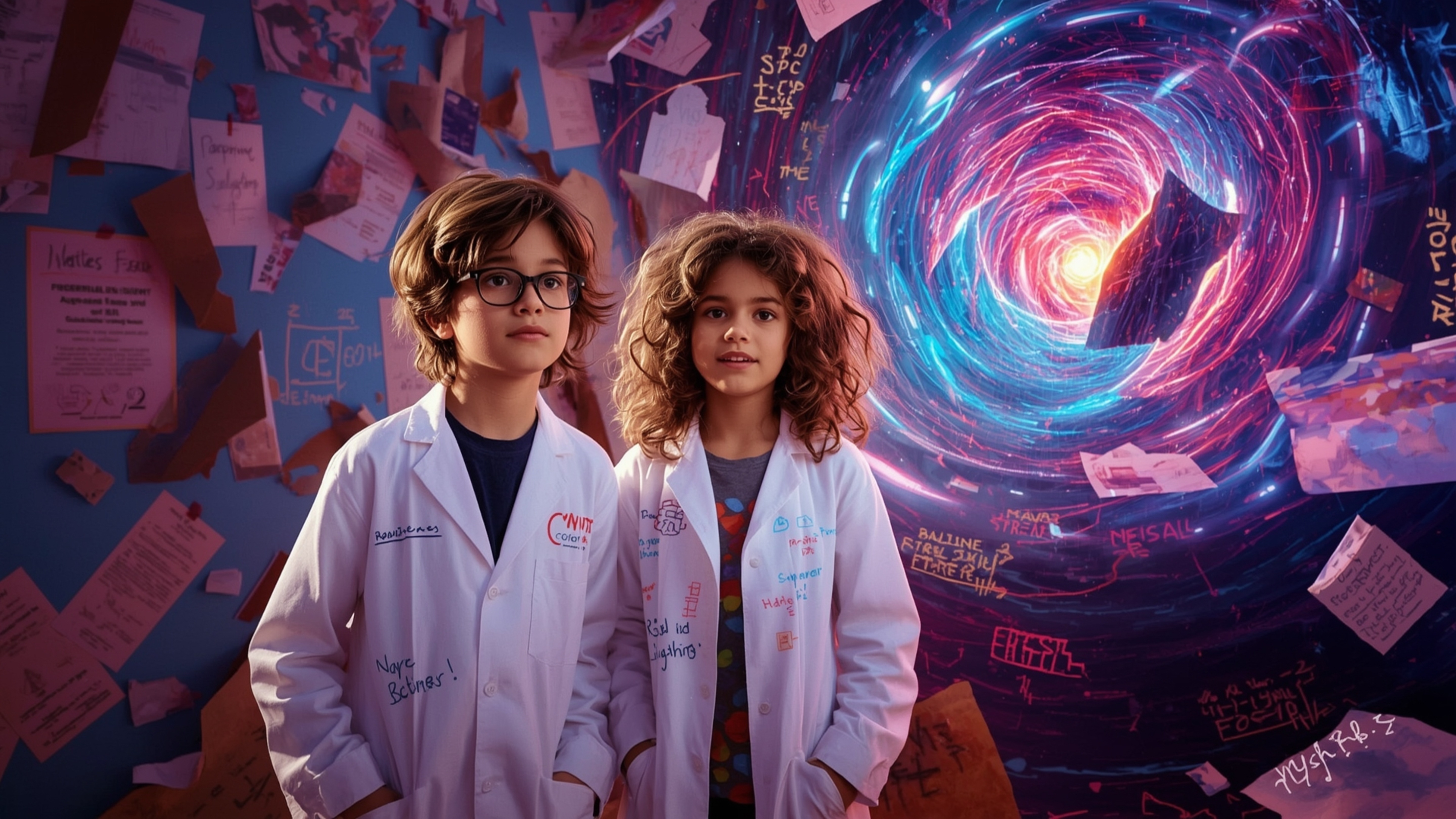 In a vibrant, cinematic photograph rendered in a stylized, Pixar-inspired aesthetic, two diverse, enthusiastic science fair s