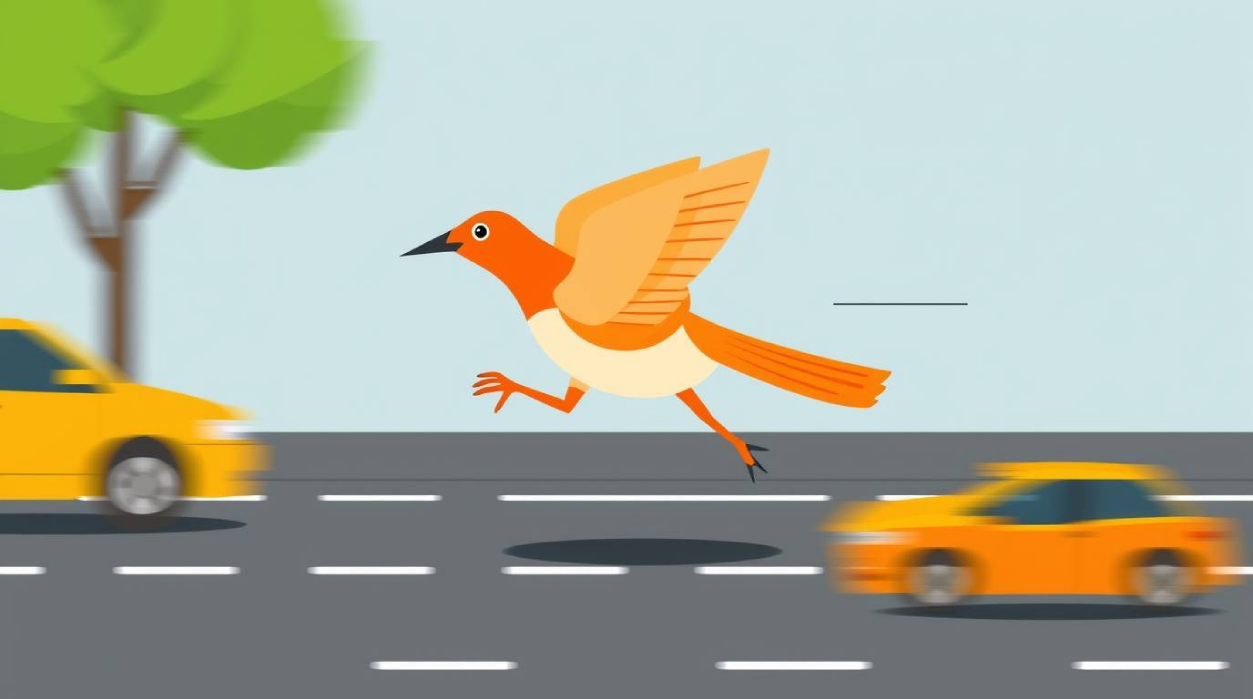 This image depicts a fast-running bird in a distinct split modern flat design, zooming past stylized traffic. Simple two-dime