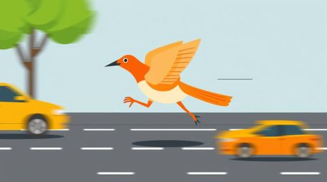 This image depicts a fast-running bird in a distinct split modern flat design, zooming past stylized traffic. Simple two-dime